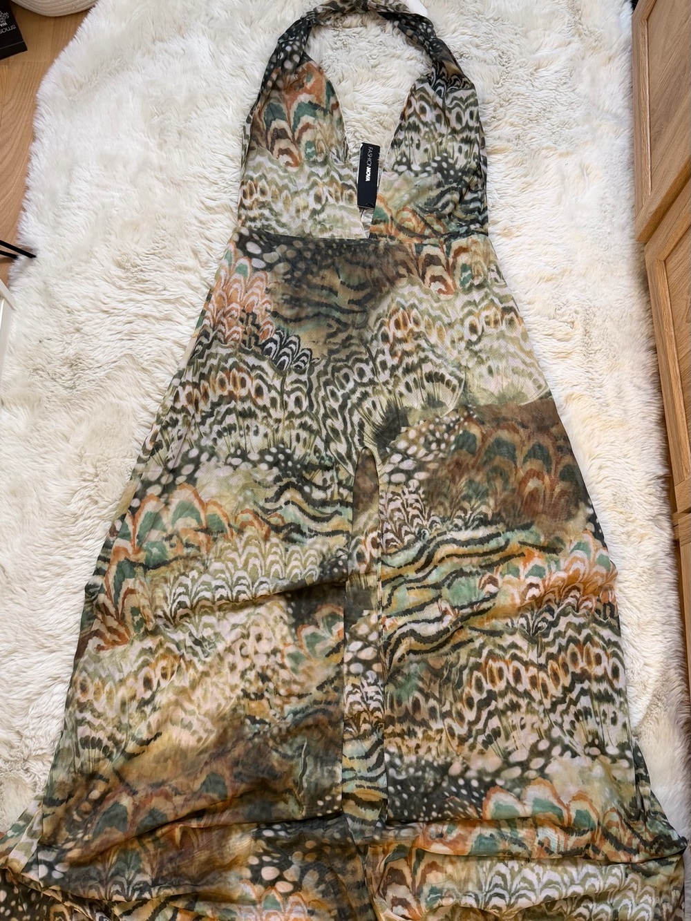 Fashion Nova Olive Combo Sheer Halter Maxi Dress